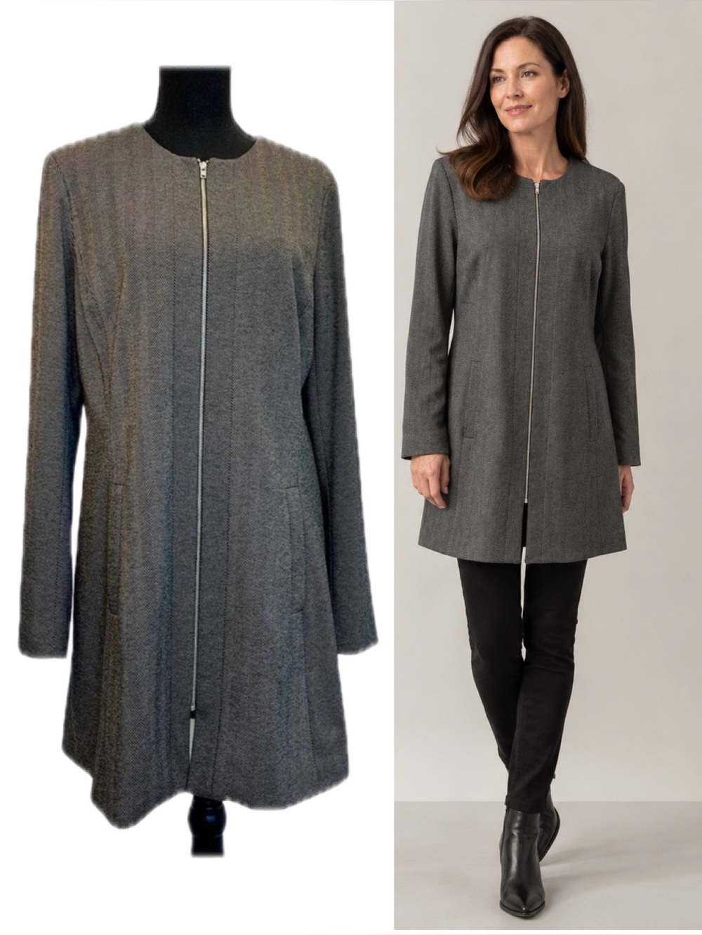 Tobias Charcoal Herringbone Zip Front Long Blazer Coat Size 10 NWOT
